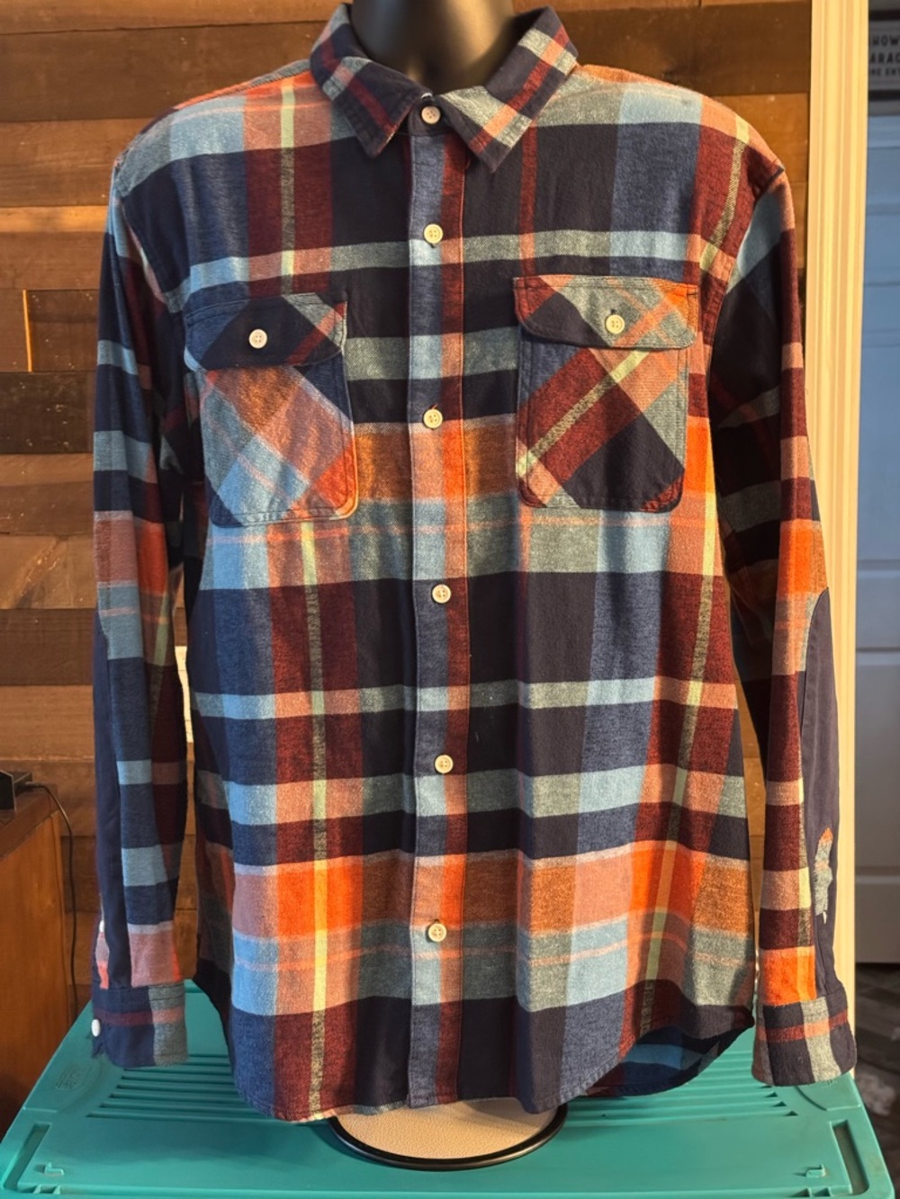 Men's Long-Sleeve Plaid Button-Down Shirt - Navy, Orange & Light Blue